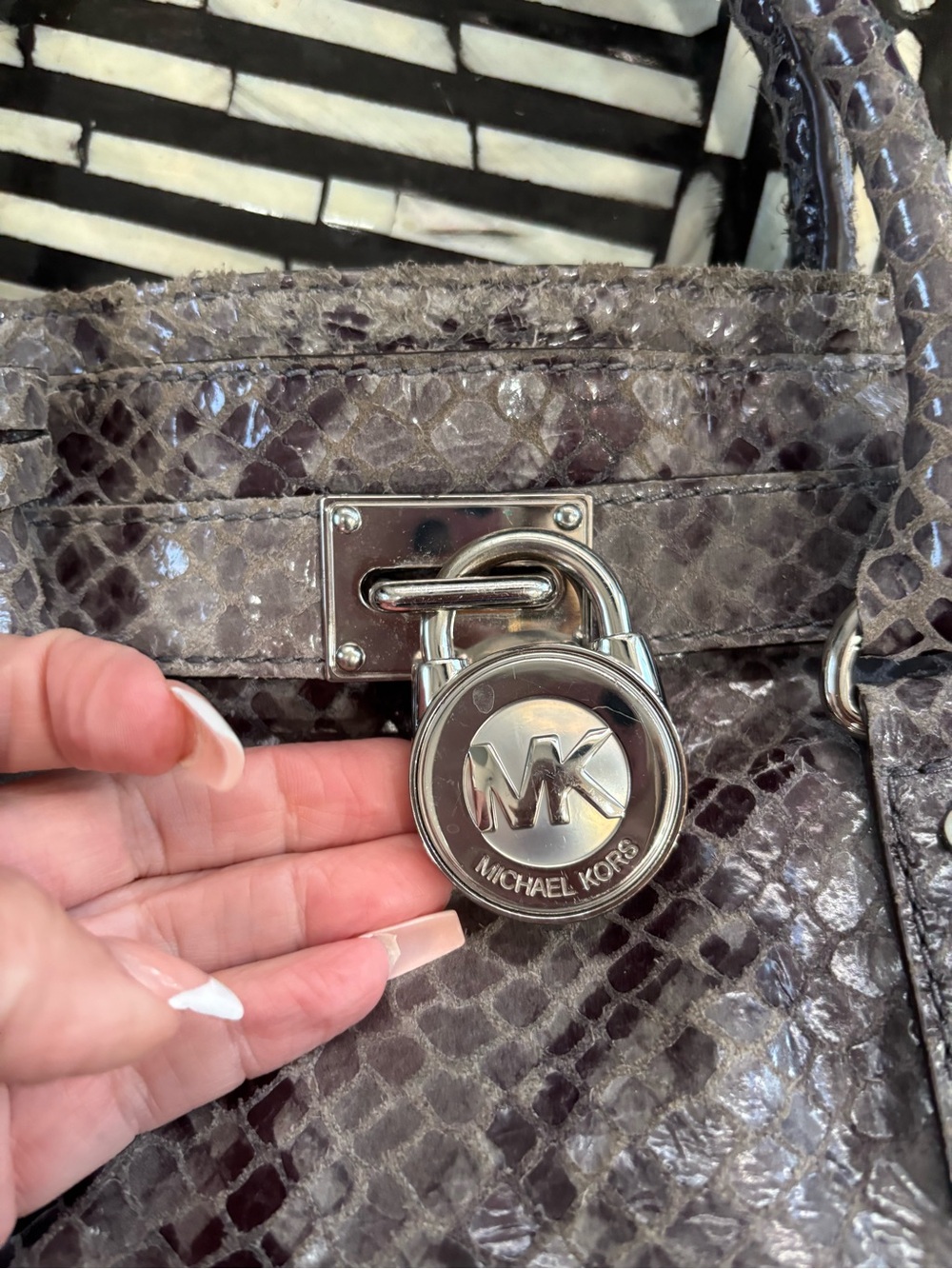Authentic Michael Kors Gray Snakeskin-Embossed Satchel with Silver Hardware - Picture 2 of 11